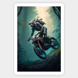 Alien riding a dirt bike in the jungle Sticker